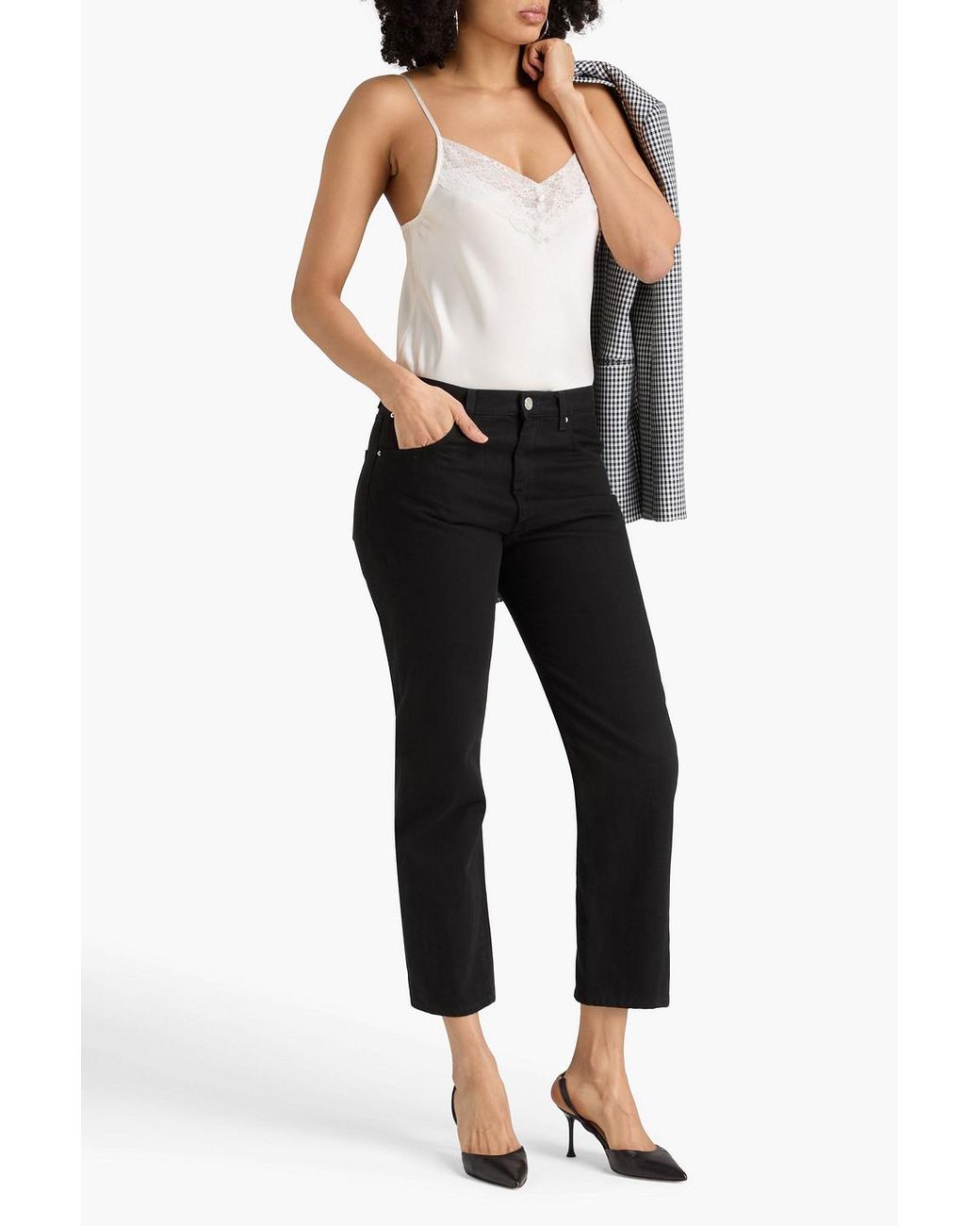 Maje White Lace-Paneled Satin Camisole