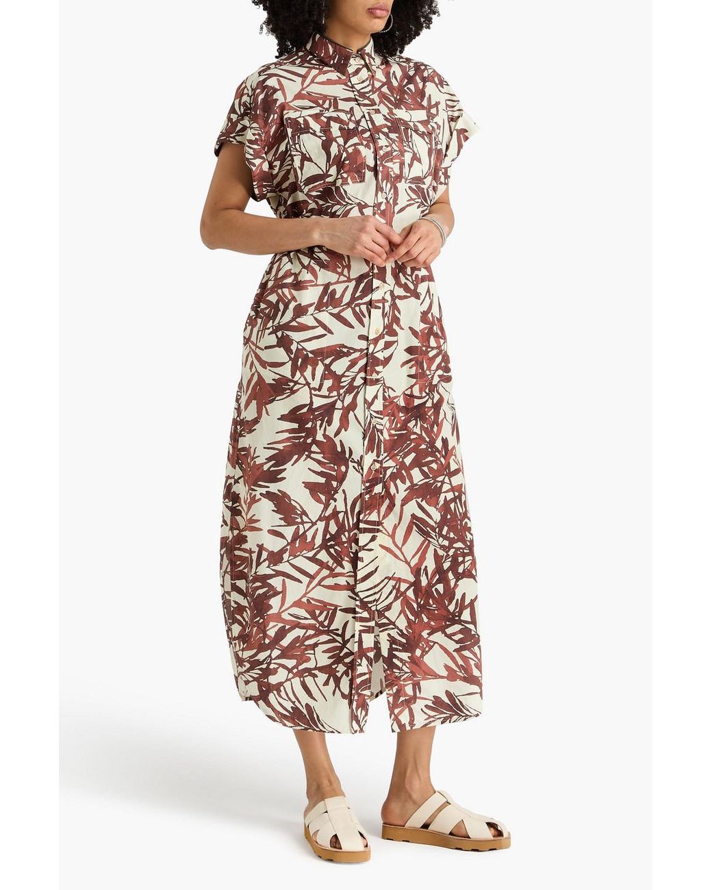 Brunello Cucinelli White Bead-Embellished Printed Cotton-Poplin Midi Shirt Dress