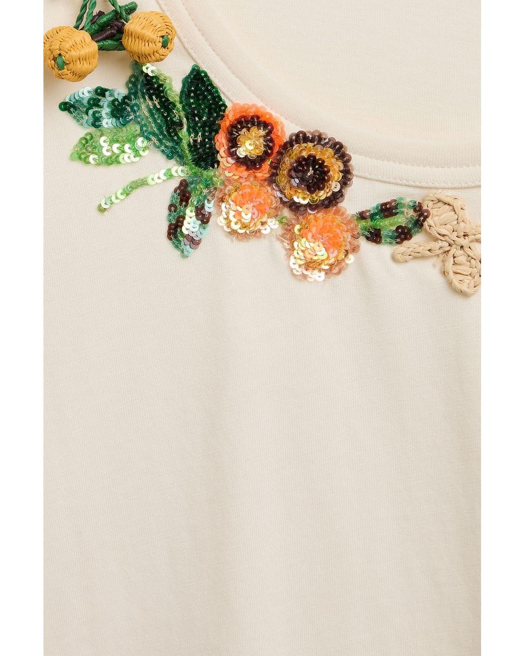 Tory Burch Natural Embellished Cotton-jersey T-shirt