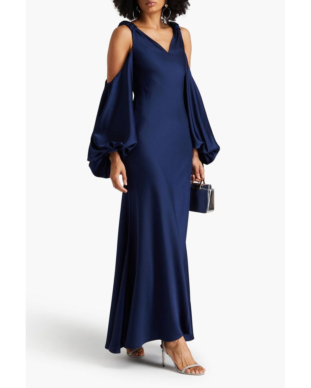 Halston Binnie Cold-shoulder Ruched Satin Gown in Blue | Lyst
