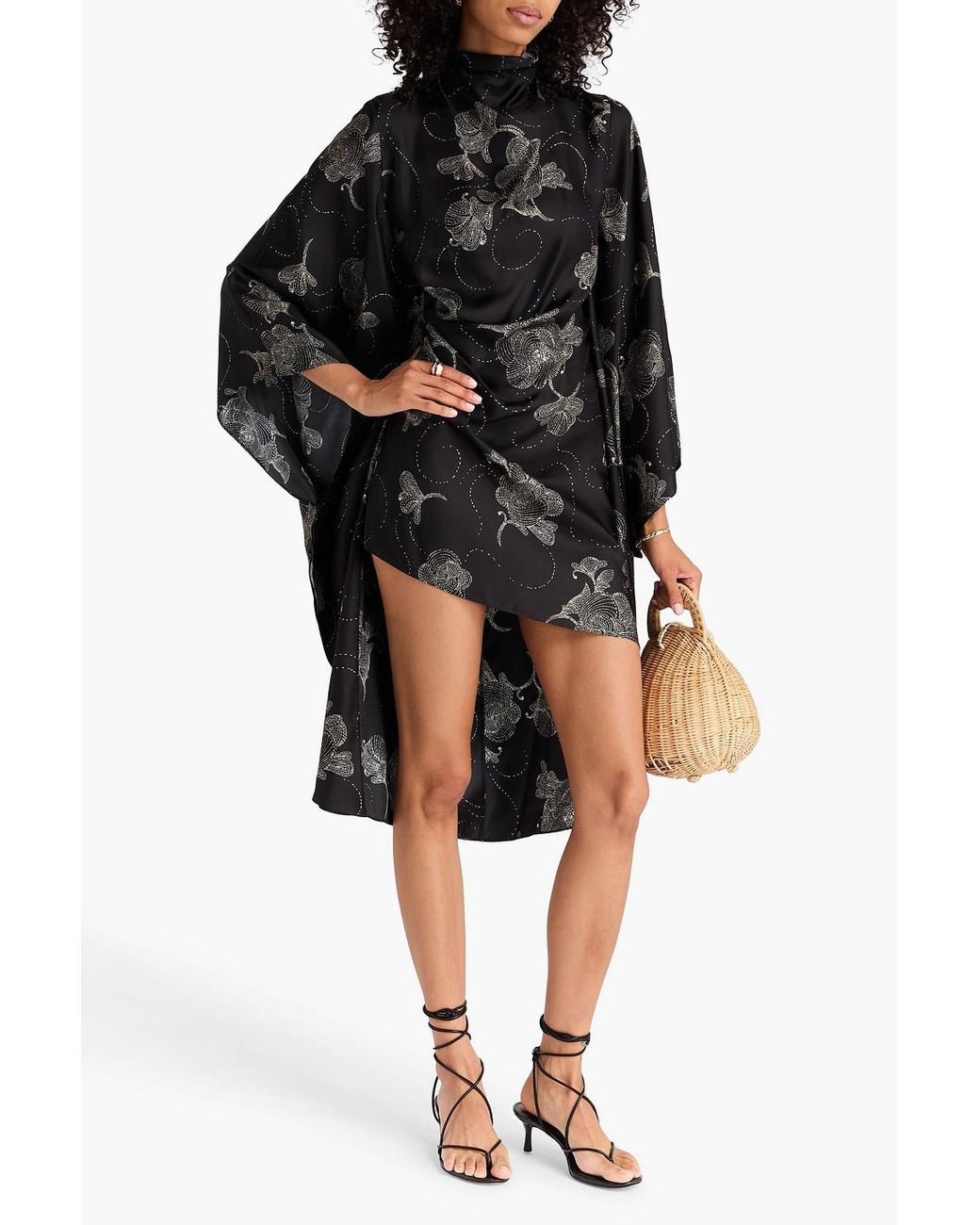 Zimmermann Black Asymmetric Pleated Printed Silk-Twill Tunic