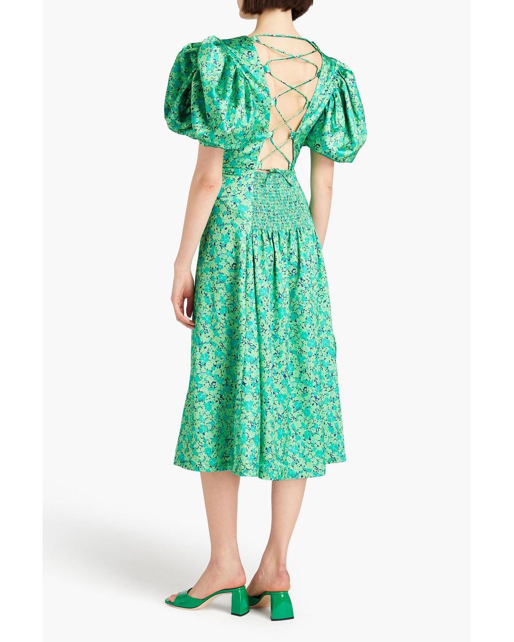 ROTATE BIRGER CHRISTENSEN Floral-Print Satin Midi-Dress in Green | Lyst