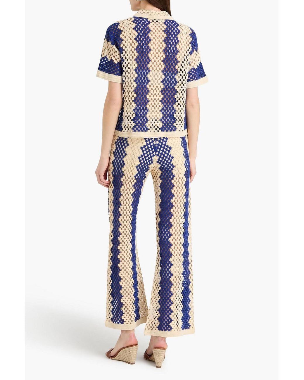 Sandro Blue Two-tone Open-knit Cotton-blend Polo Sweater