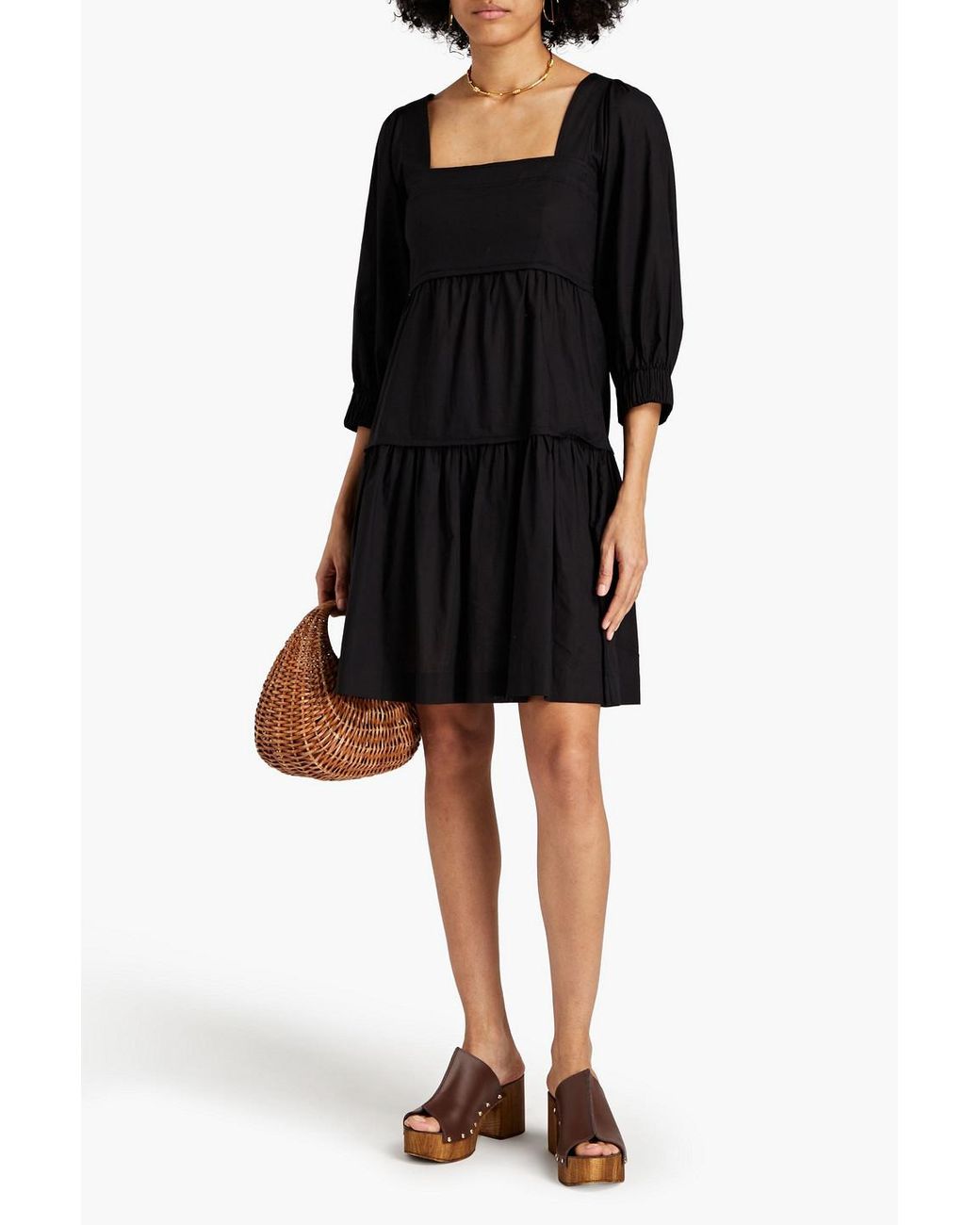 Three Graces London Black Bahni Tiered Cotton-poplin Mini Dress