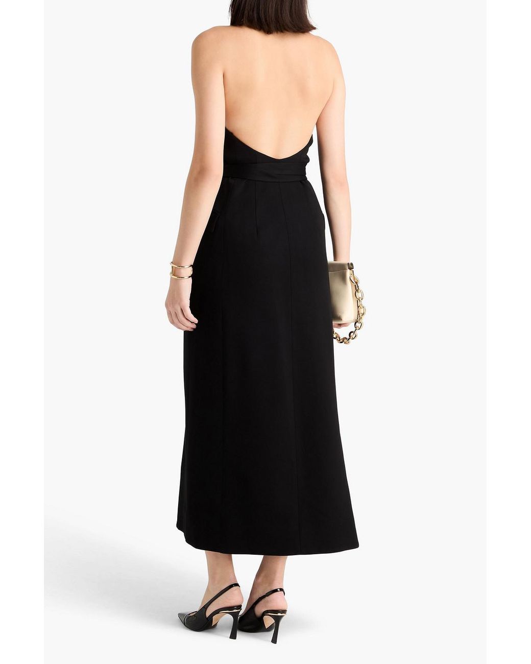 Esse Studios Black Atlas Open-Back Crepe Halterneck Midi Wrap Dress