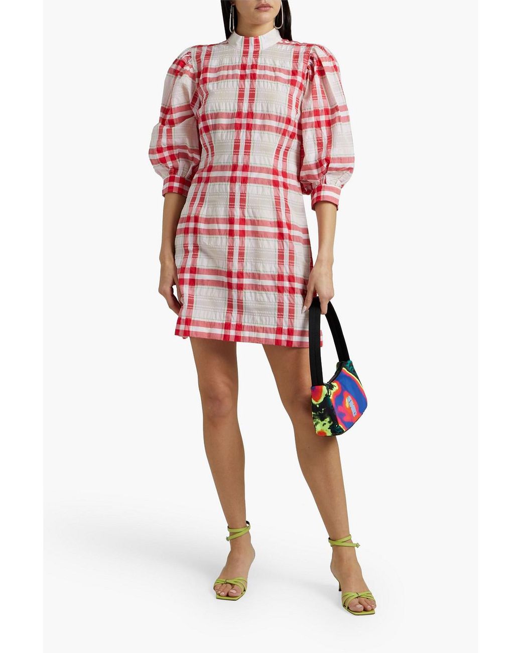 Ganni Checked Cotton blend Mini Dress in Pink Lyst