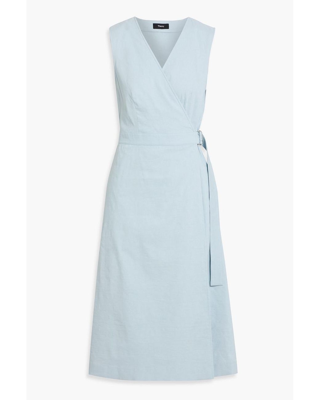 Theory Blue Linen-Blend Midi Wrap Dress