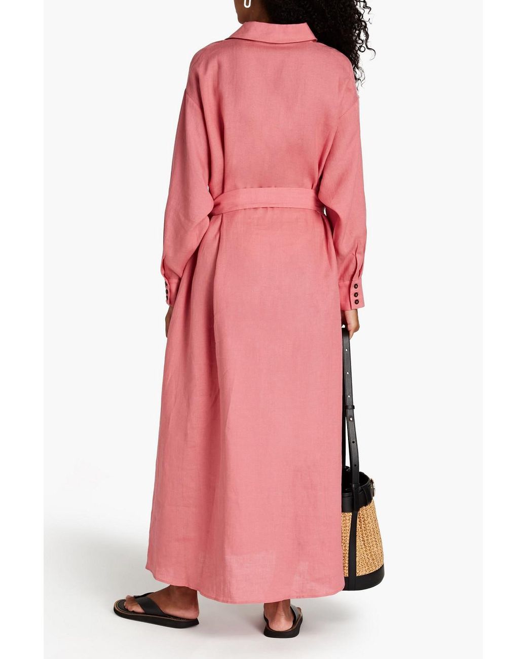 Asceno The Porto Belted Organic Linen Maxi Shirt Dress in Pink