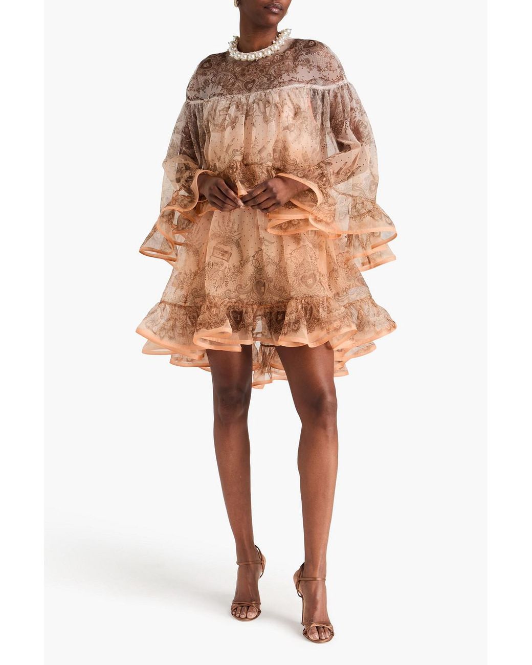 Zimmermann Orange Faux Pearl-Embellished Ruffled Paisley-Print Silk-Chiffon Mini Dress