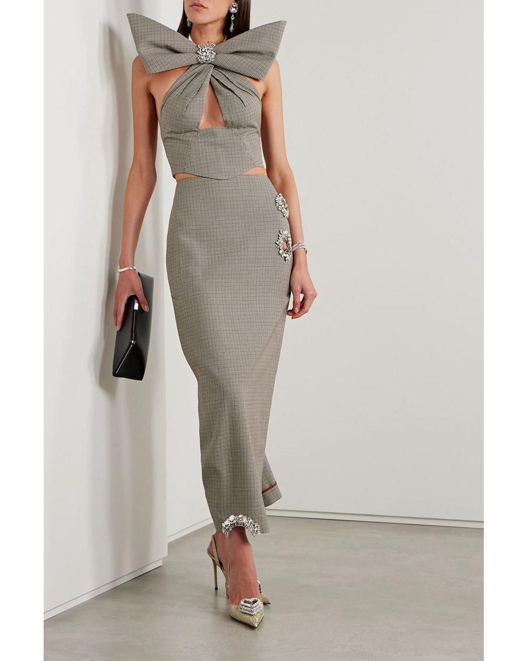 Area Crystal-embellished Bow-detailed Houndstooth Wool
