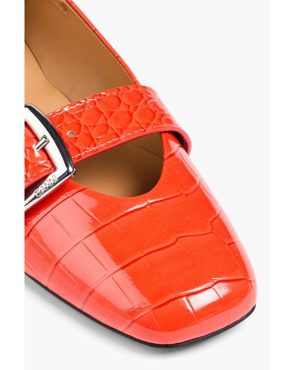 Ganni Red Ballerinas mit krokodileffekt und schnalle