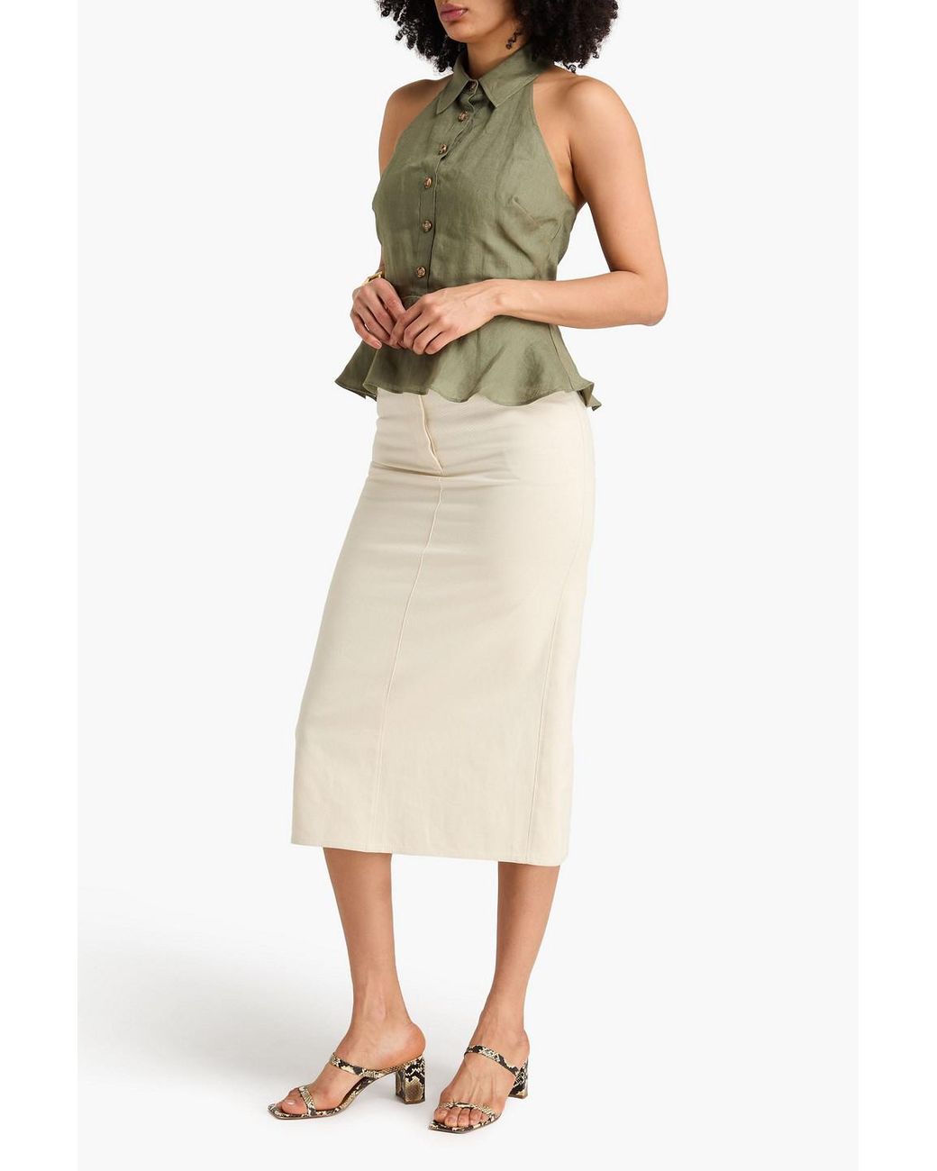 Veronica Beard Green Lancaster Linen Peplum Halterneck Top