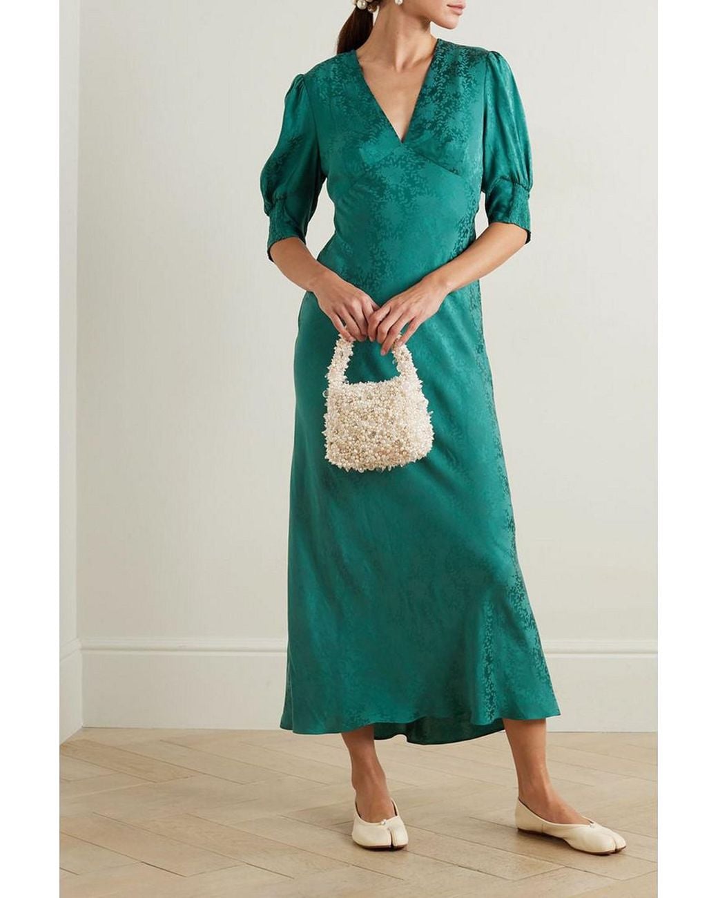 RIXO London Zadie Satin-jacquard Midi Dress in Green | Lyst