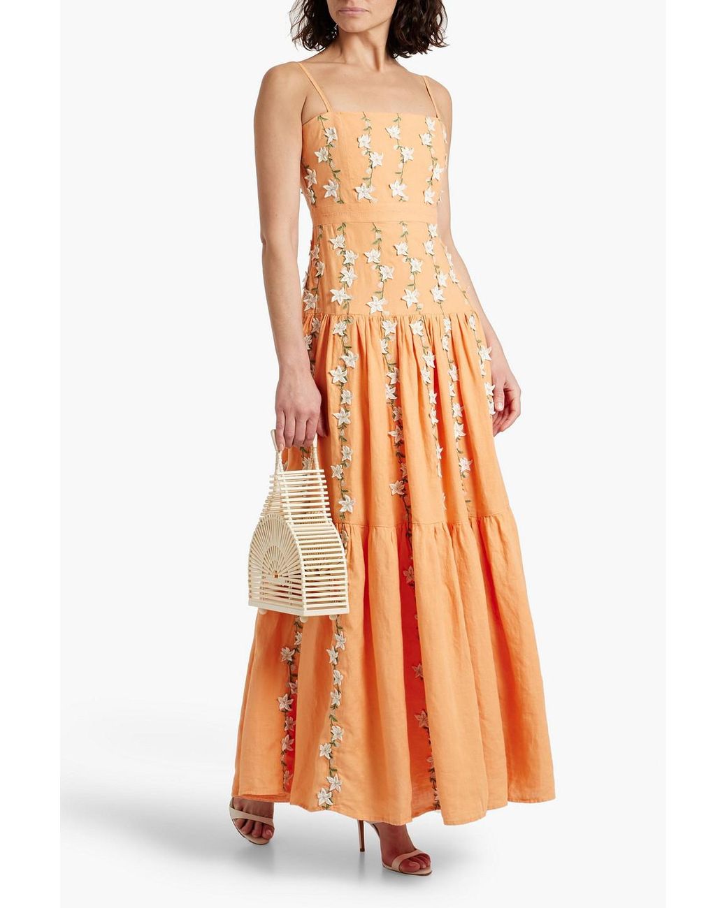 Agua Bendita Lima Sabanero Dorado Tiered Embellished Linen Maxi Dress in  Orange | Lyst