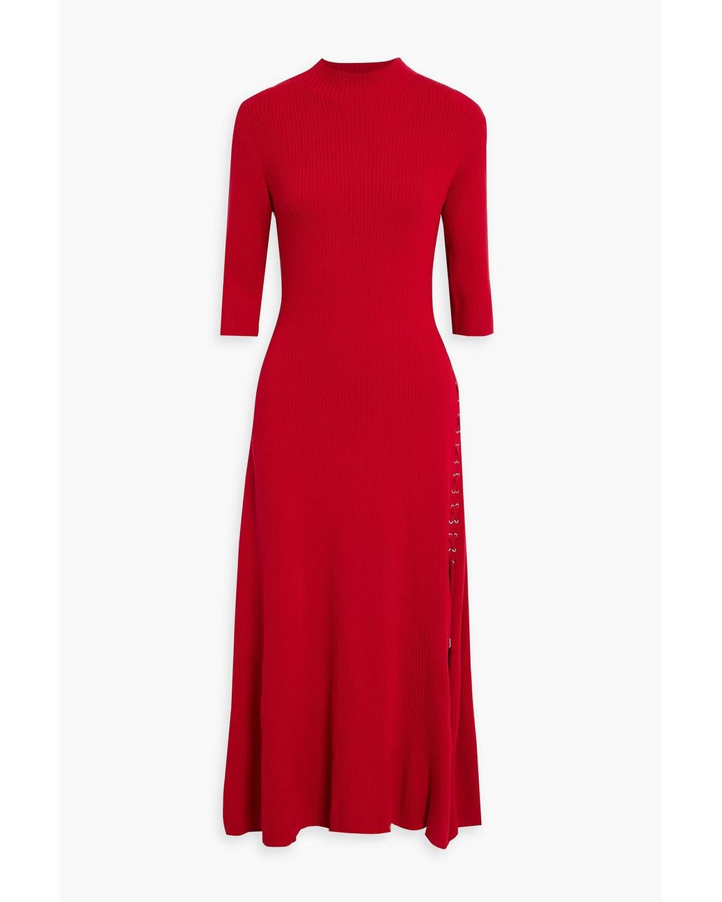 Maje Lace up Ribbed Wool blend Midi Dress in Red Lyst