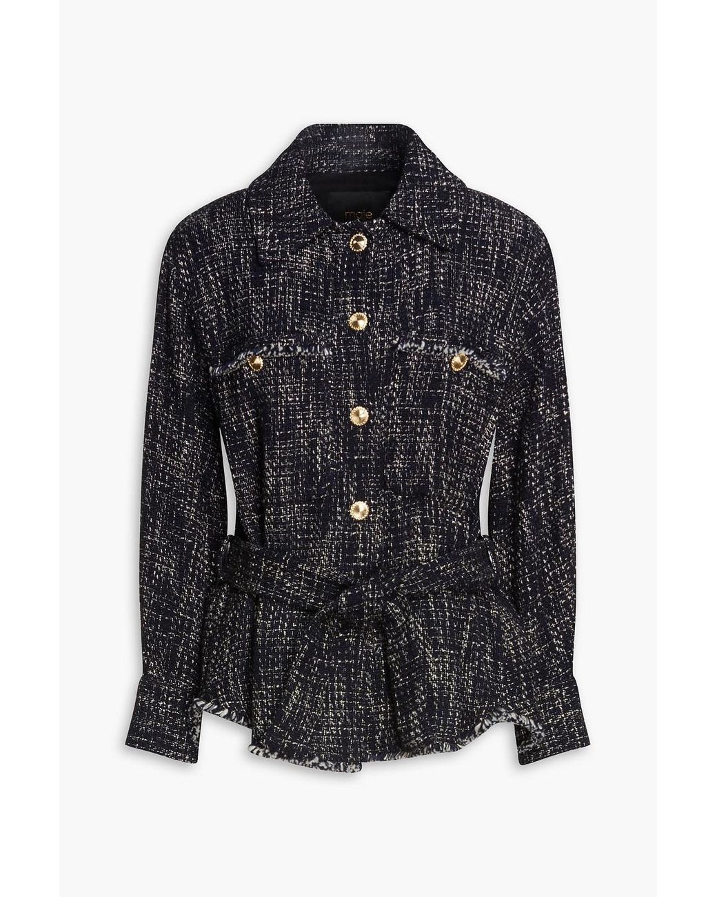 Maje Belted Cotton-blend Bouclé-tweed Jacket in Black | Lyst UK