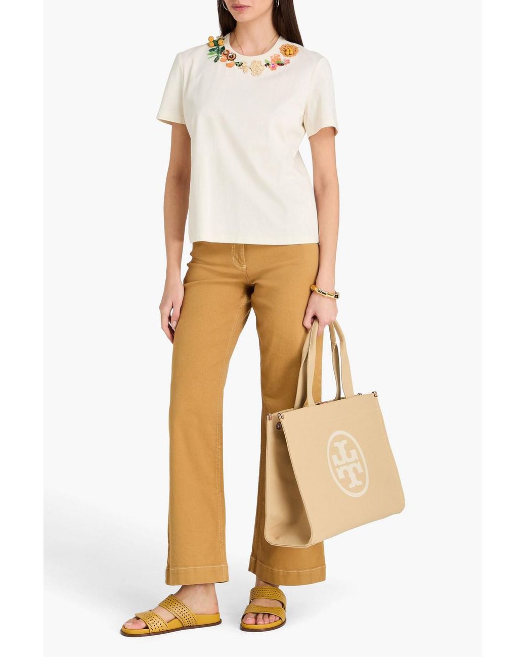 Tory Burch Natural Embellished Cotton-jersey T-shirt