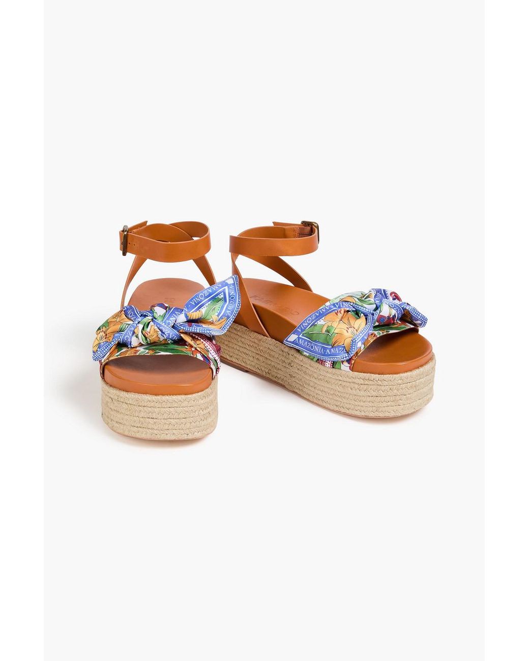 Farm Rio Brown Printed Satin And Leather Platform Sandals