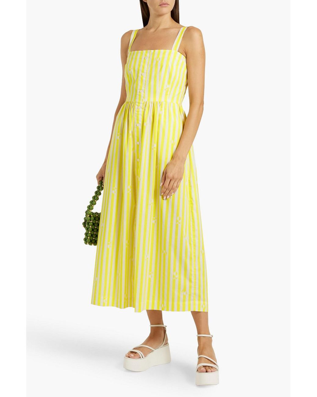HVN Laura Striped Cotton-Poplin Midi Dress in Yellow | Lyst