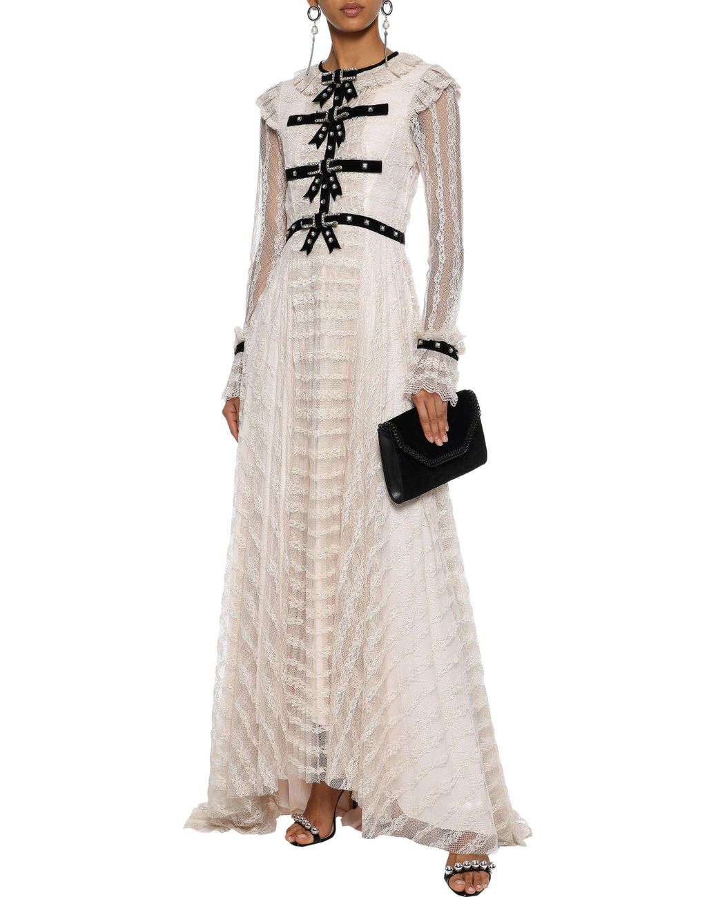 philosophy embroidered dress Philosophy Di Lorenzo Serafini Velvet-trim Floral-lace Gown in White