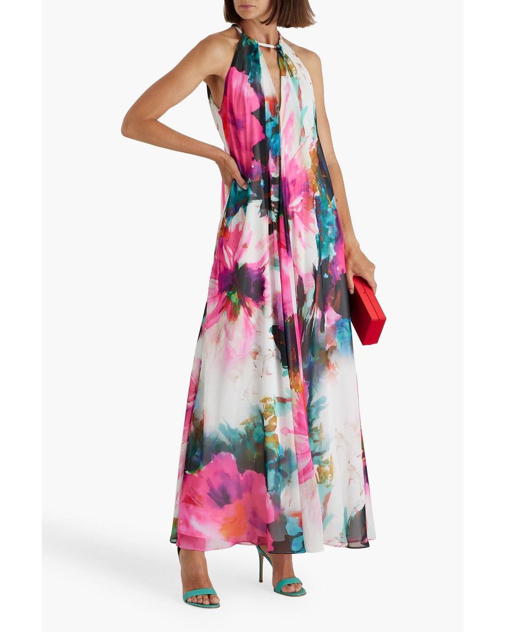knee length dresses for ladies Mia Pleated High Neck High Low Maxi Dress by Jewel Badgley Mischka