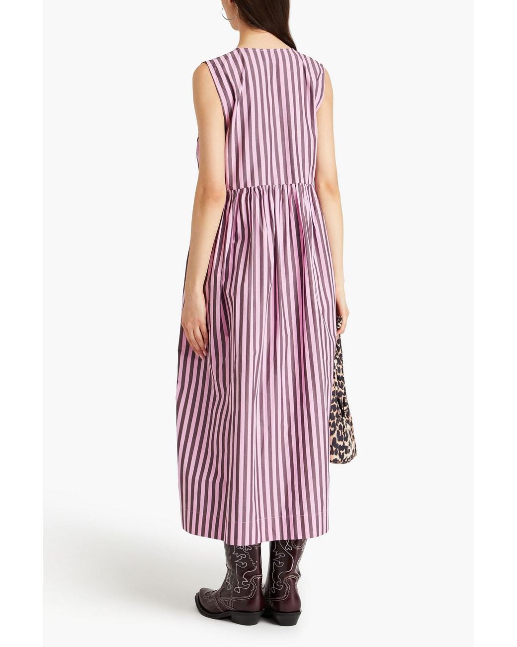 Ganni Striped Cotton-poplin Midi Dress in Purple | Lyst