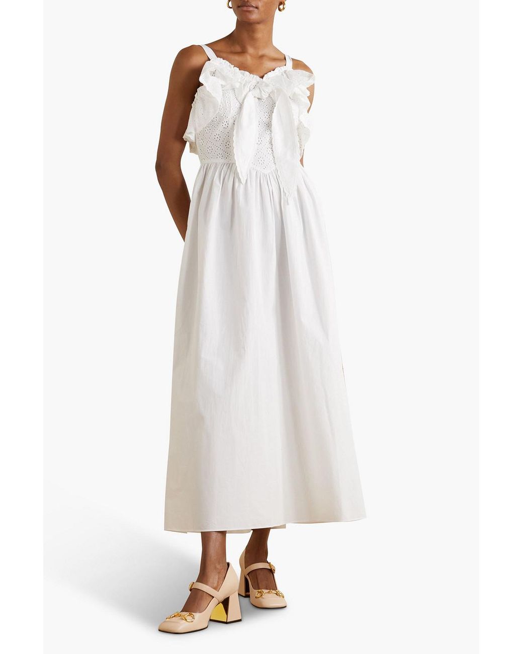 BATSHEVA White Midikleid aus baumwollpopeline mit lochstickerei und baumwolleinsatz