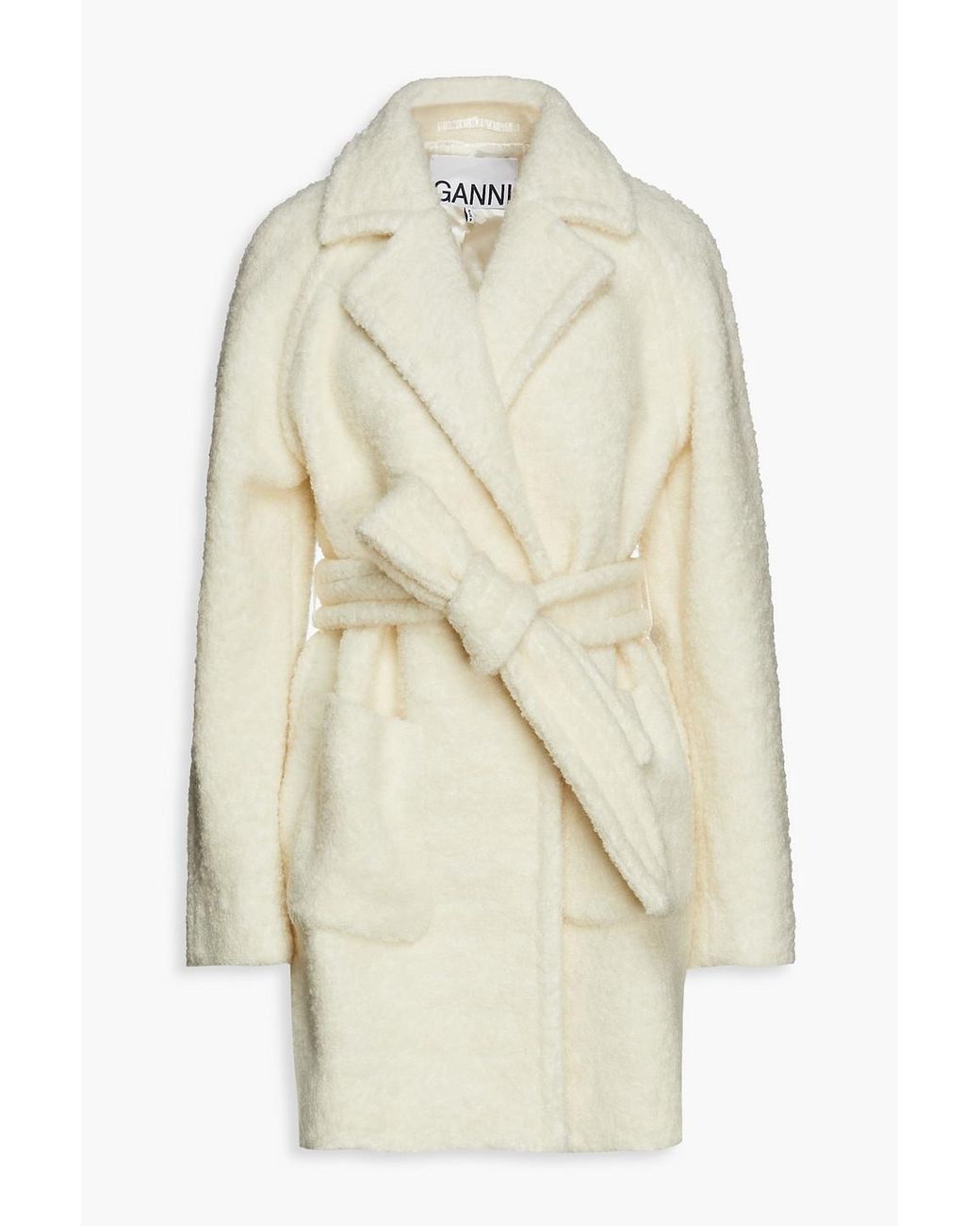 Ganni Double-breasted Wool-blend Bouclé Coat in White | Lyst
