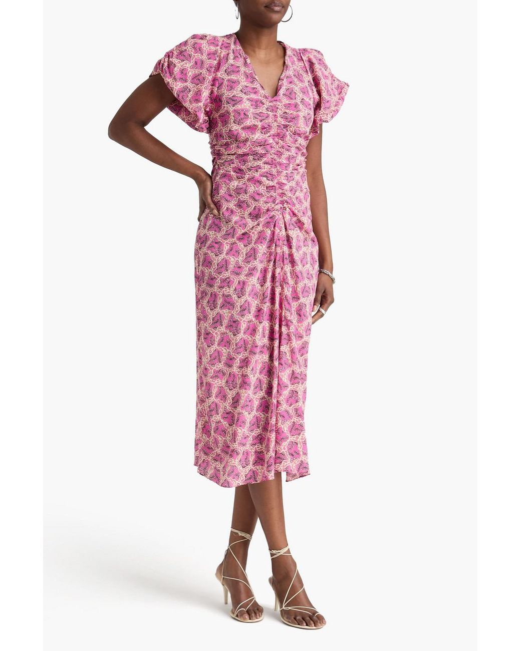 Isabel Marant Pink Gilya Ruched Printed Stretch-silk Midi Dress