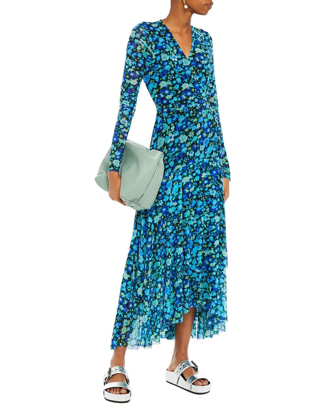 Ganni Floral print Stretch mesh Maxi Wrap Dress in Blue Lyst