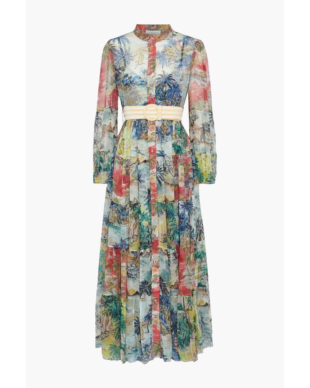 Zimmermann Juliette Tiered Belted Printed Silk Crepon Midi Dress In