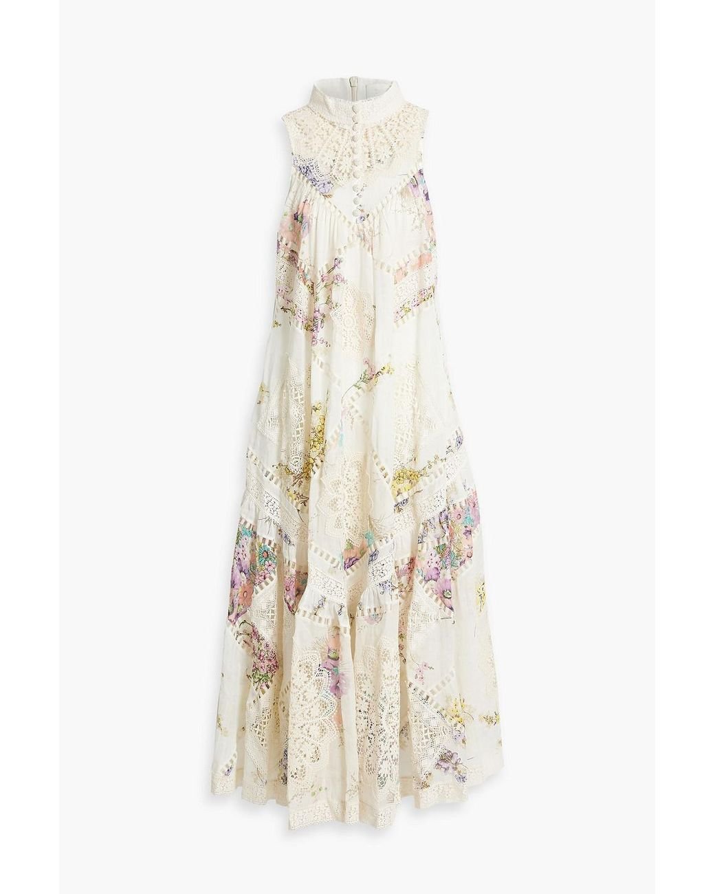 Zimmermann Lattice trimmed Lace paneled Woven Midi Dress in White