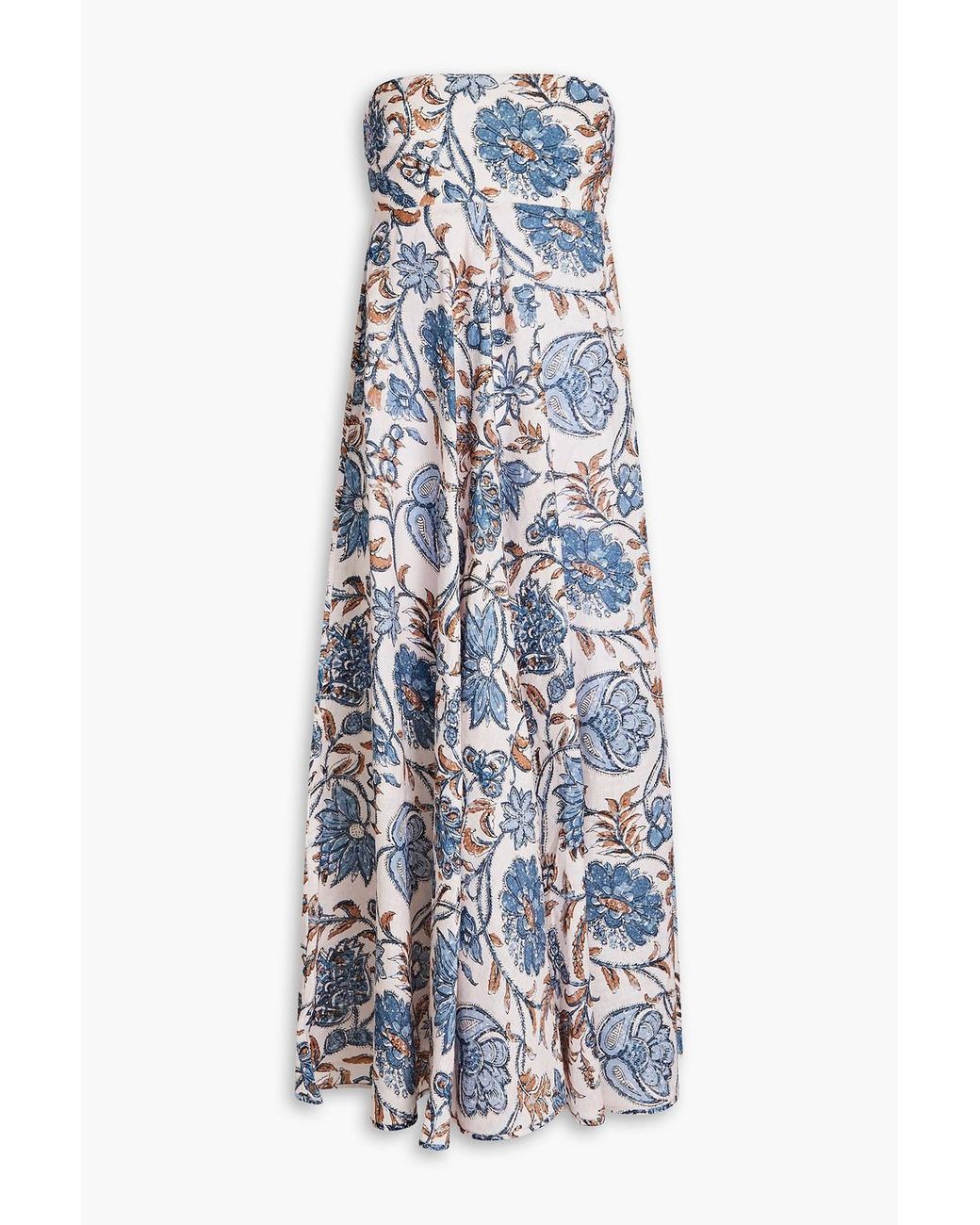 Zimmermann Strapless Floral-print Linen Midi Dress in White | Lyst