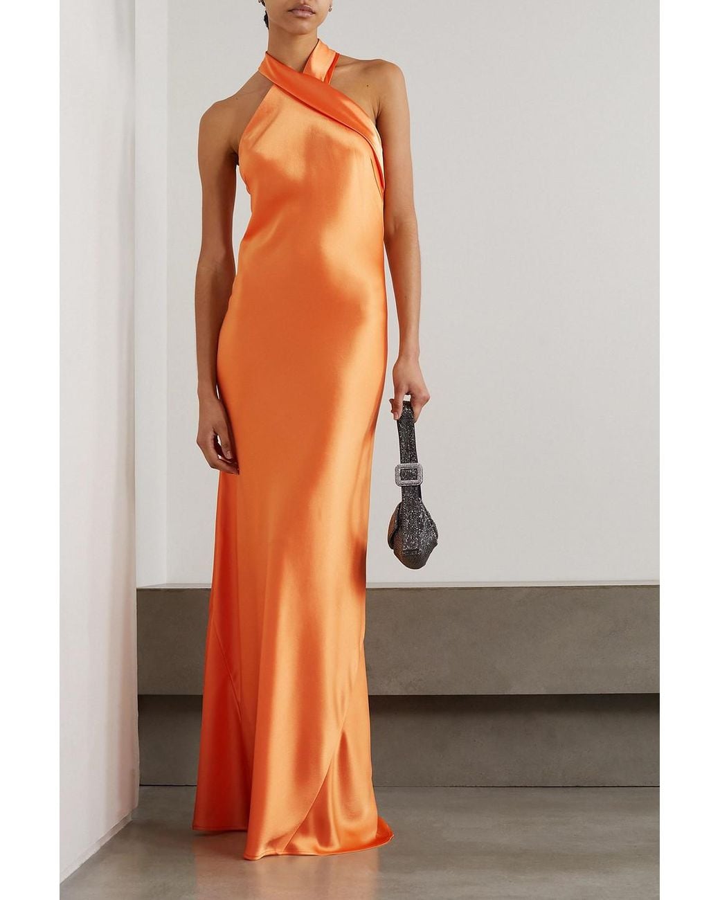 galvan orange dress Galvan London Pandora Satin Halterneck Gown in Orange