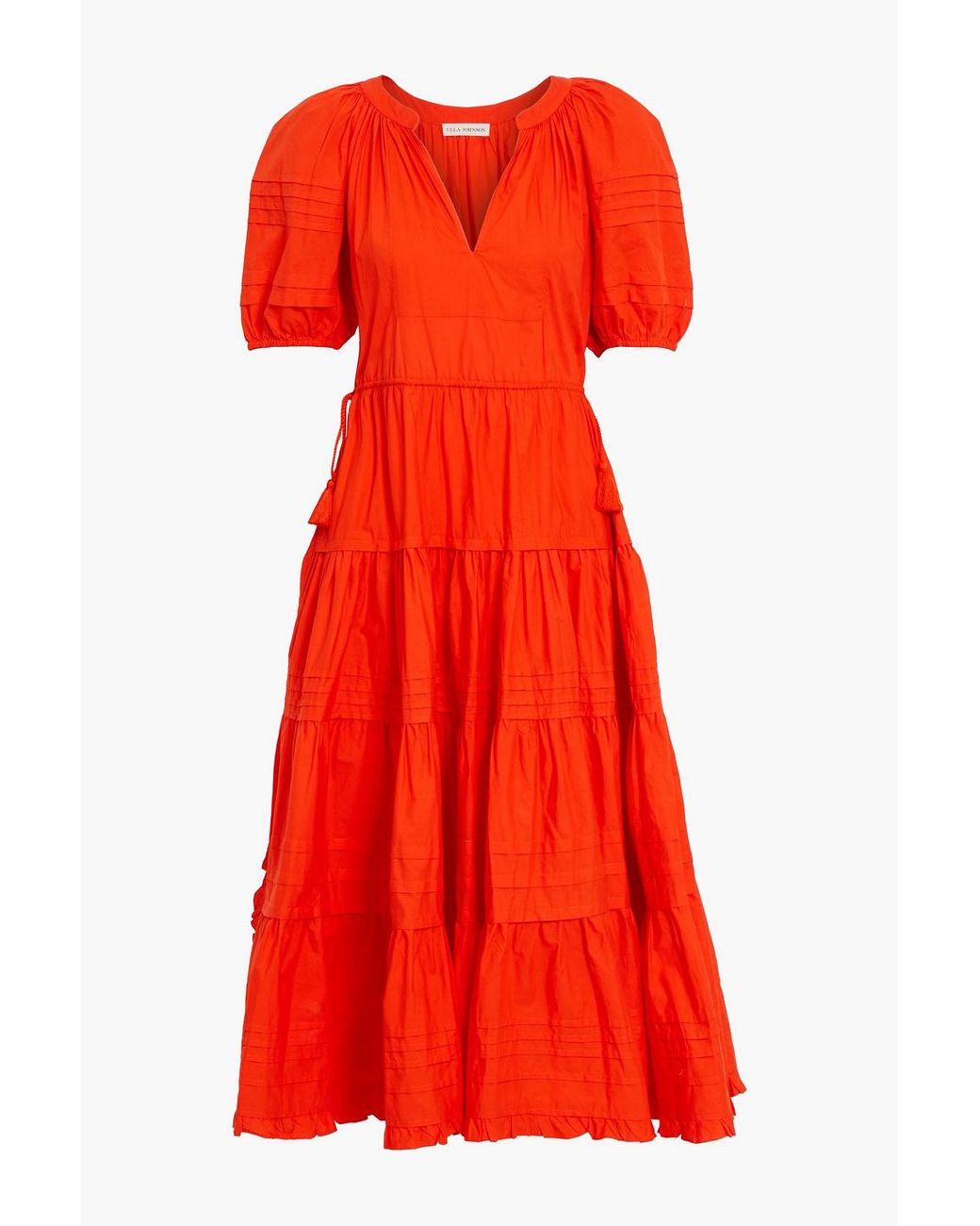 Ulla Johnson Claribel Tasseled Gathe Cotton-poplin Midi Dress in Red | Lyst