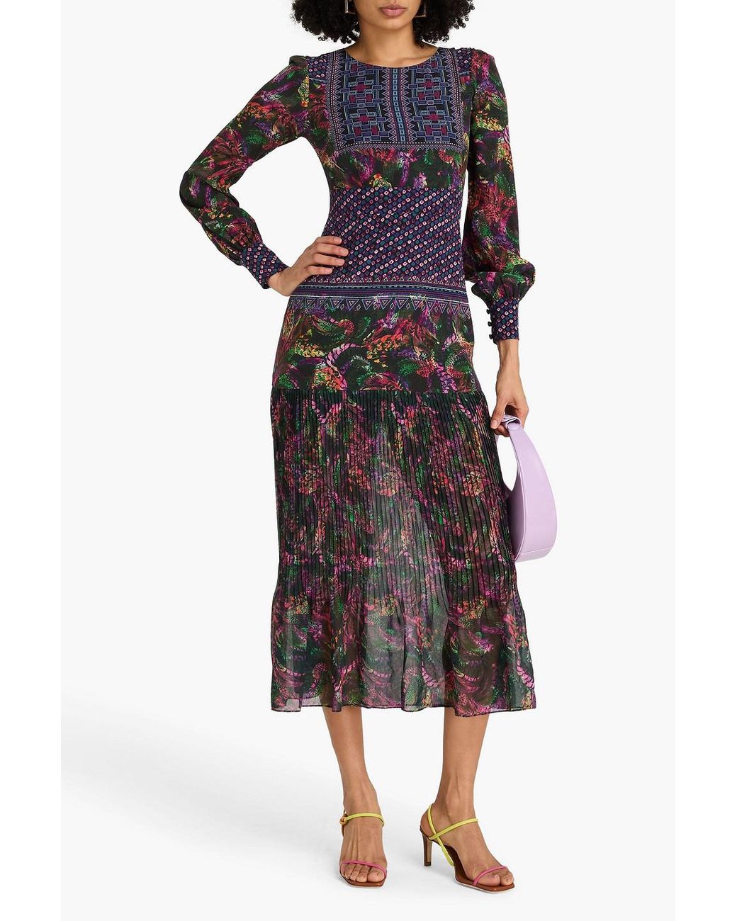 Saloni Purple Vera Pleated Printed Silk Crepe De Chine Midi Dress