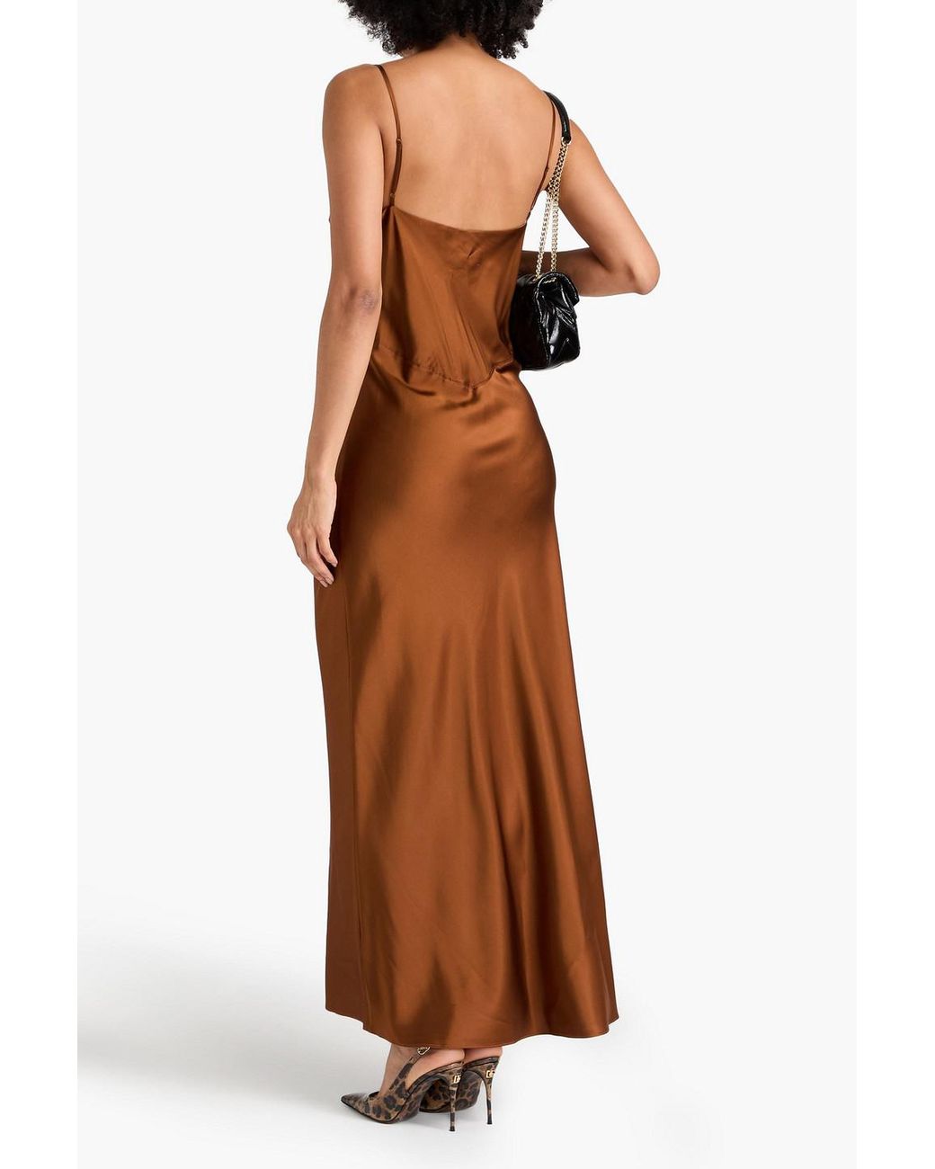 hamina stretch-silk charmeuse dress Veronica Beard Hamina Lace-trimmed Stretch-silk Satin Maxi Dress in Brown
