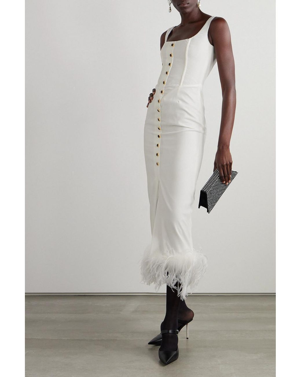 Alessandra Rich Pleated Embellished Feather-trimmed Velvet Midi Dress in  White | Lyst