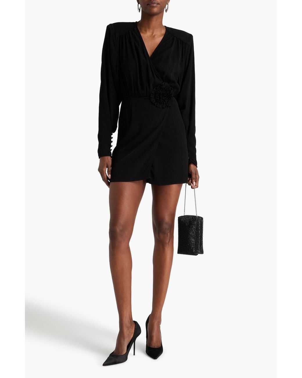 ROTATE BIRGER CHRISTENSEN Black Floral-Appliquéd Jacquard Mini Wrap Dress