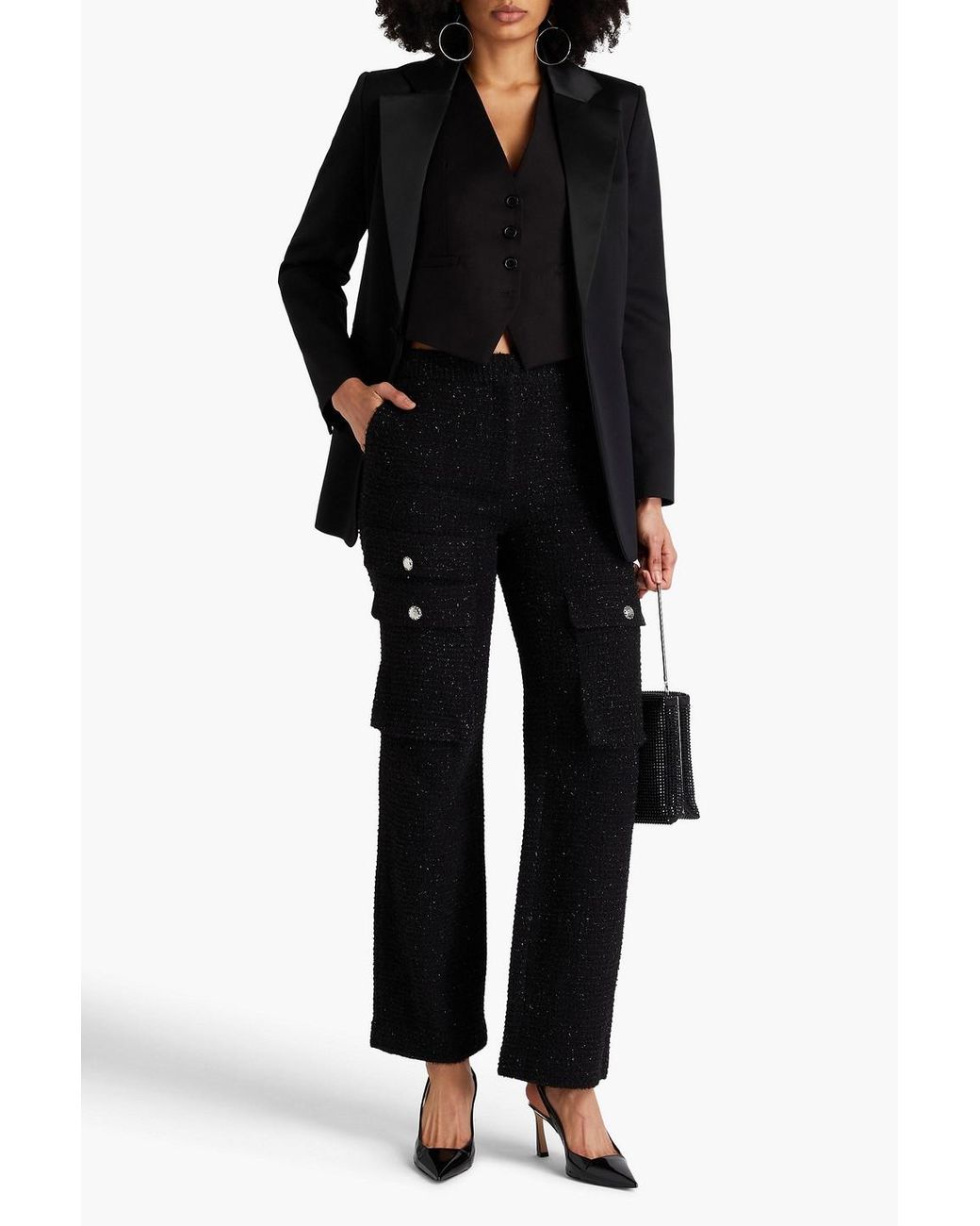 Maje Black Metallic Cotton-Blend Tweed Straight-Leg Pants