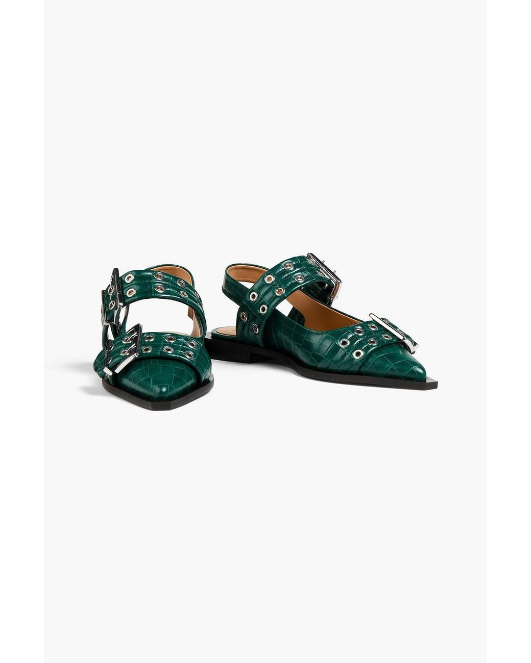 Ganni Green Buckled Croc-effect Slingback Point-toe Flats