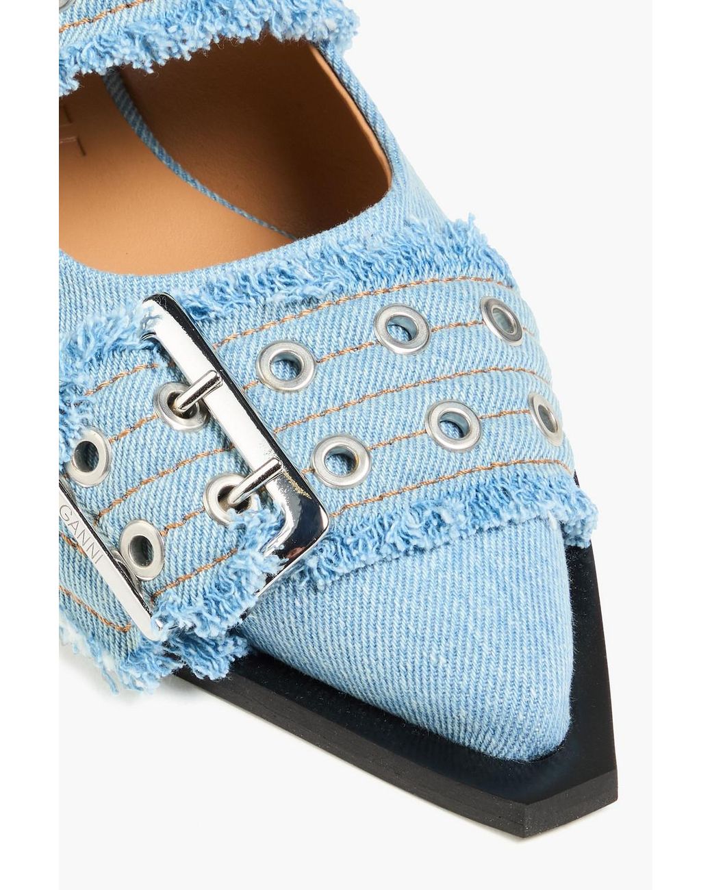 Ganni Blue Flache slingback-schuhe aus denim mit spitzer kappe und verzierung