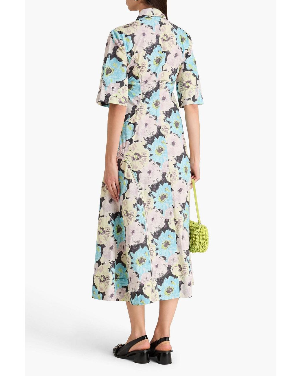Ganni White Floral-print Cotton-poplin Midi Shirt Dress