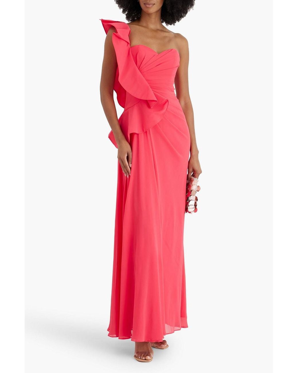 open lace back dress Badgley Mischka Belted Maxi Dress Red Ruffled Chiffon Size 0 Flutter S   Celebrity Owned
