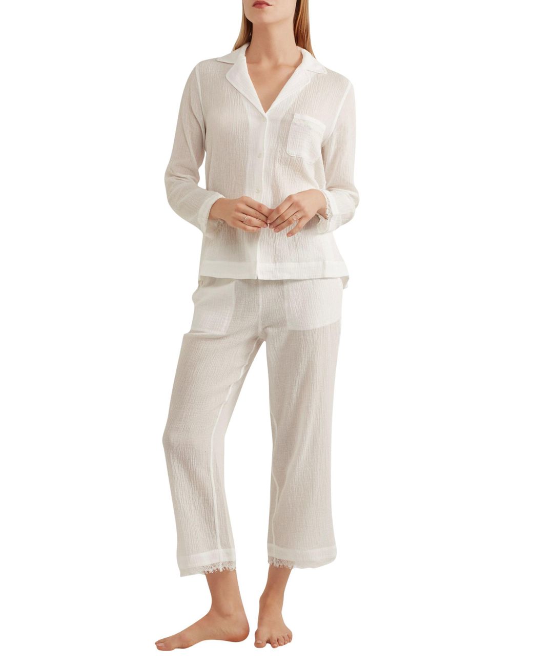 Skin Cropped Lace-trimmed Crinkled Cotton-gauze Pajama Pants White