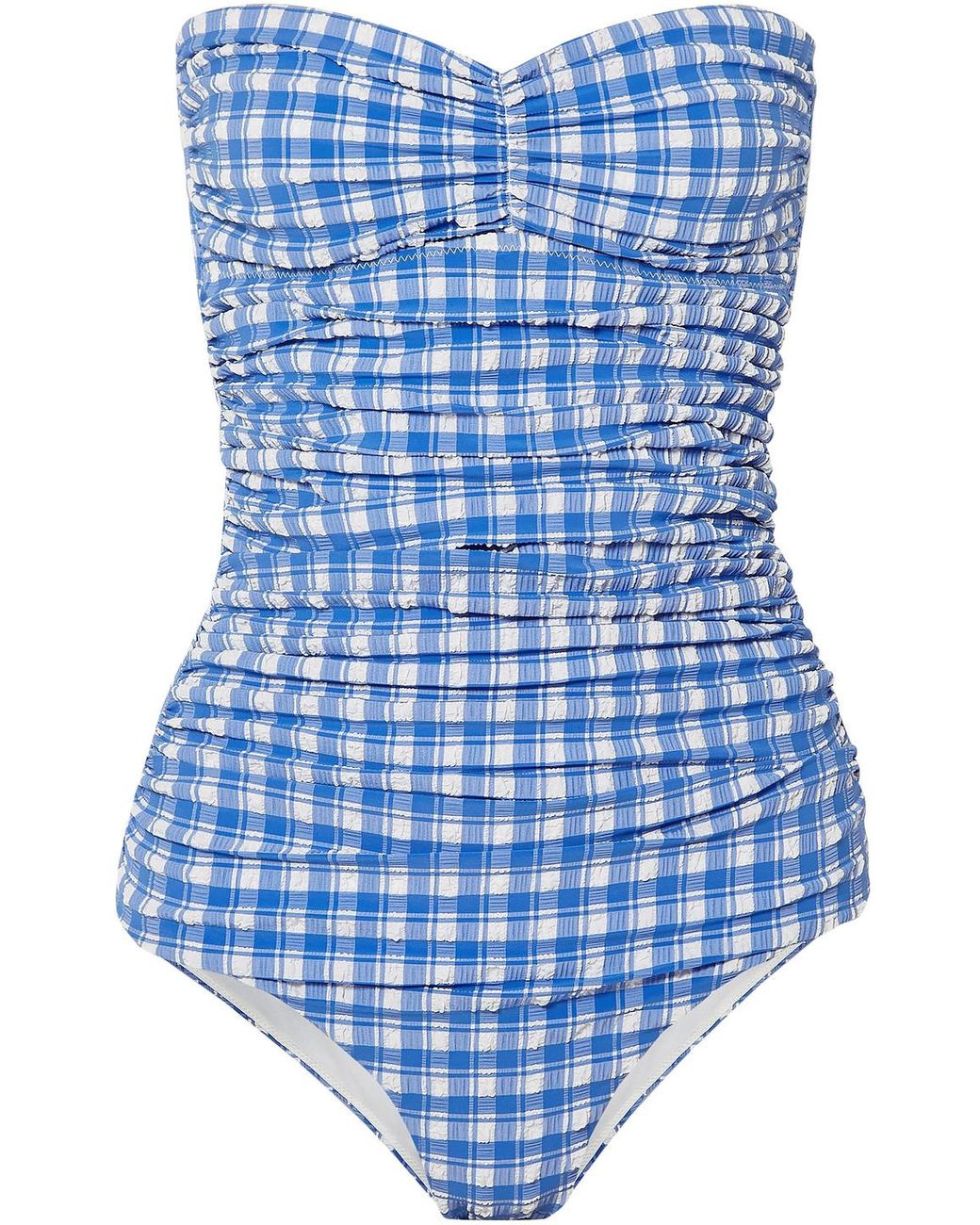 Ganni Gingham Halterneck Seersucker Swimsuit in Blue | Lyst