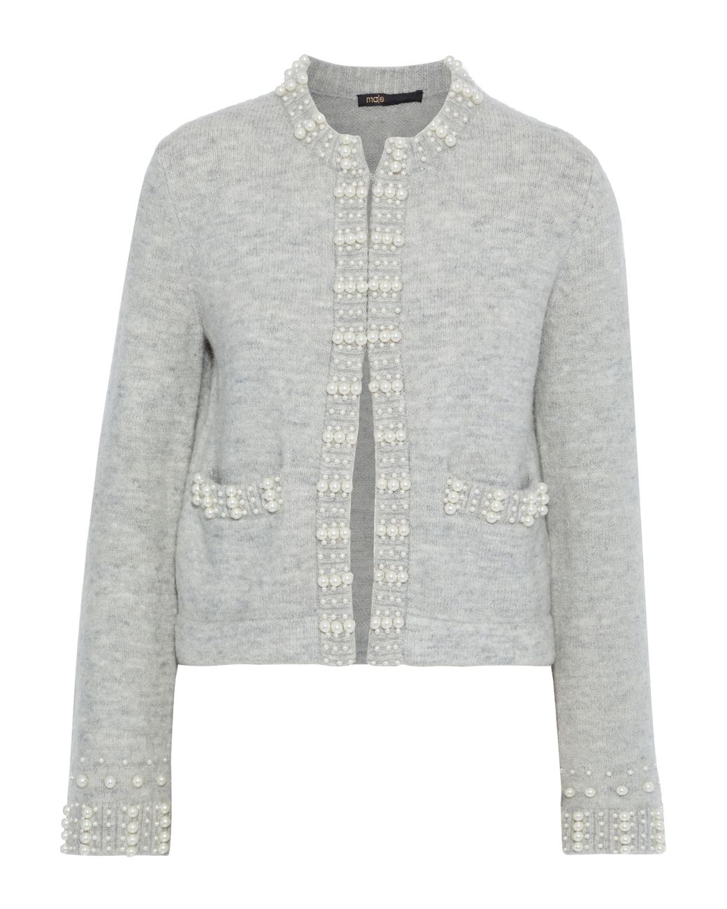 Maje Synthetic Faux Pearl-embellished Brushed Ribbed-knit Cardigan Gray ...