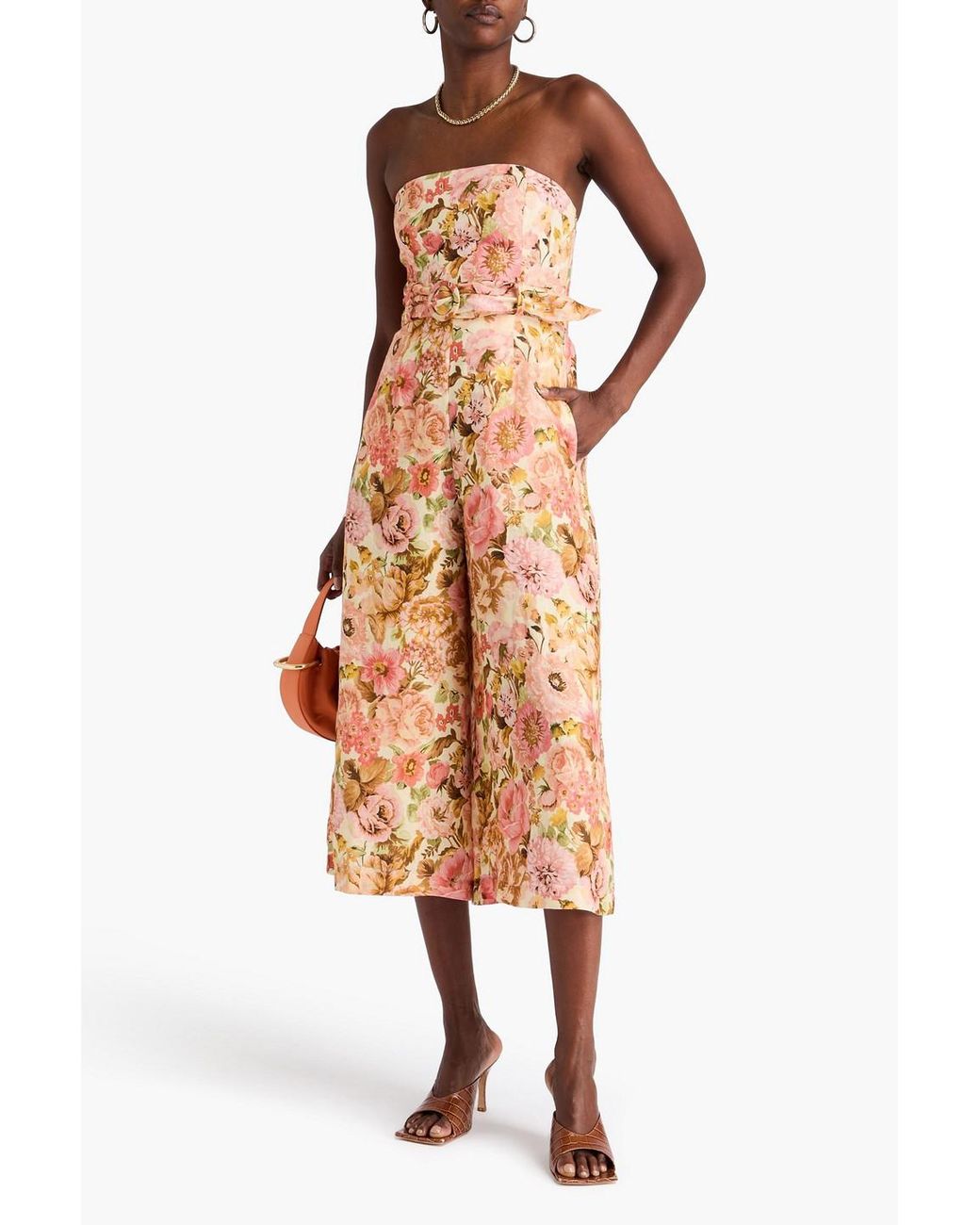 Zimmermann Pink Strapless cropped floral-print linen-blend jumpsuit