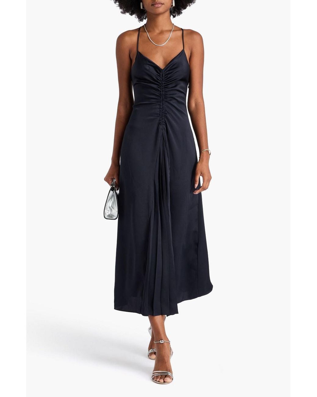 Sandro Blue Ruched Satin-Twill Maxi Dress