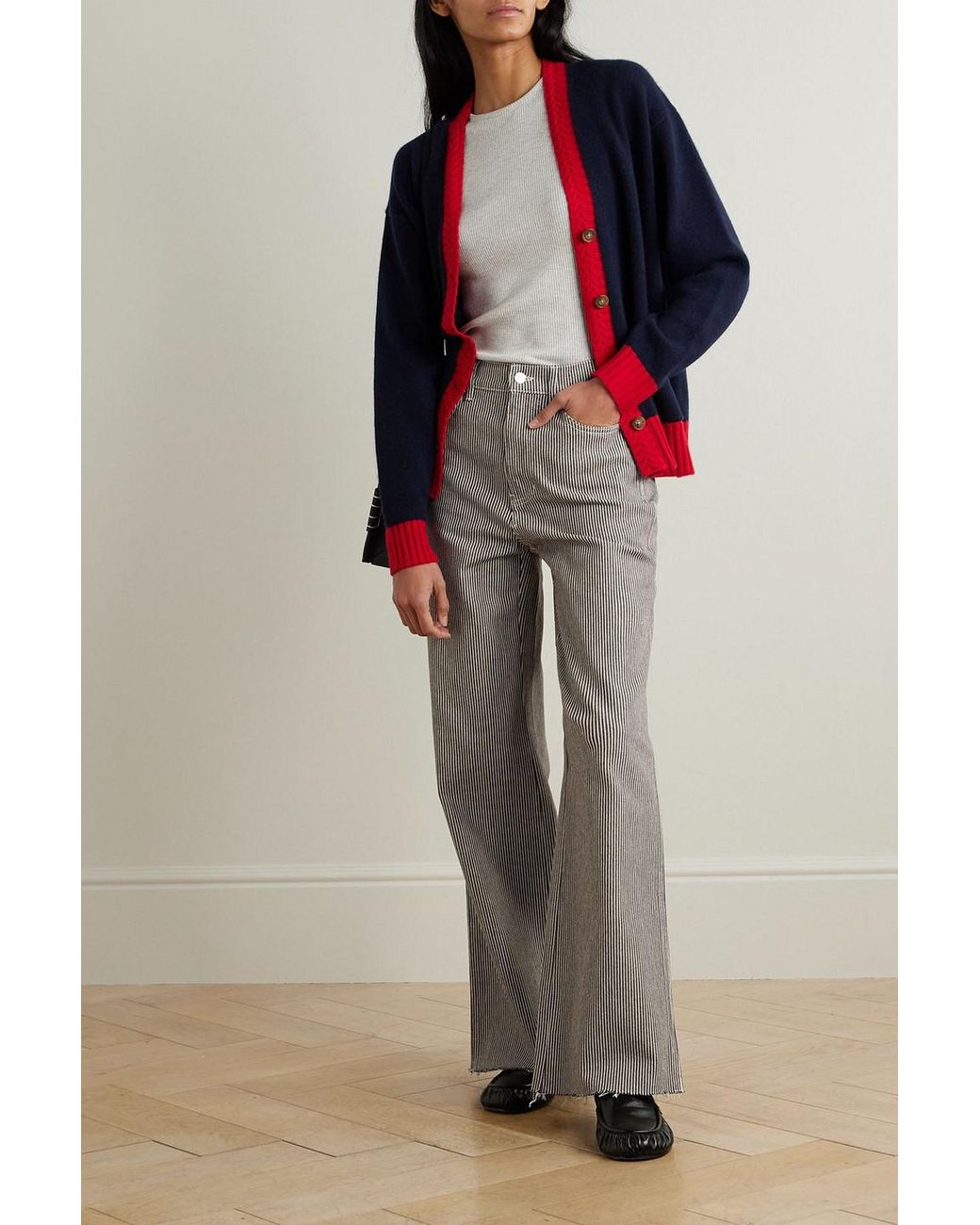 Veronica Beard Gray Taylor Frayed Striped High-rise Wide-leg Jeans